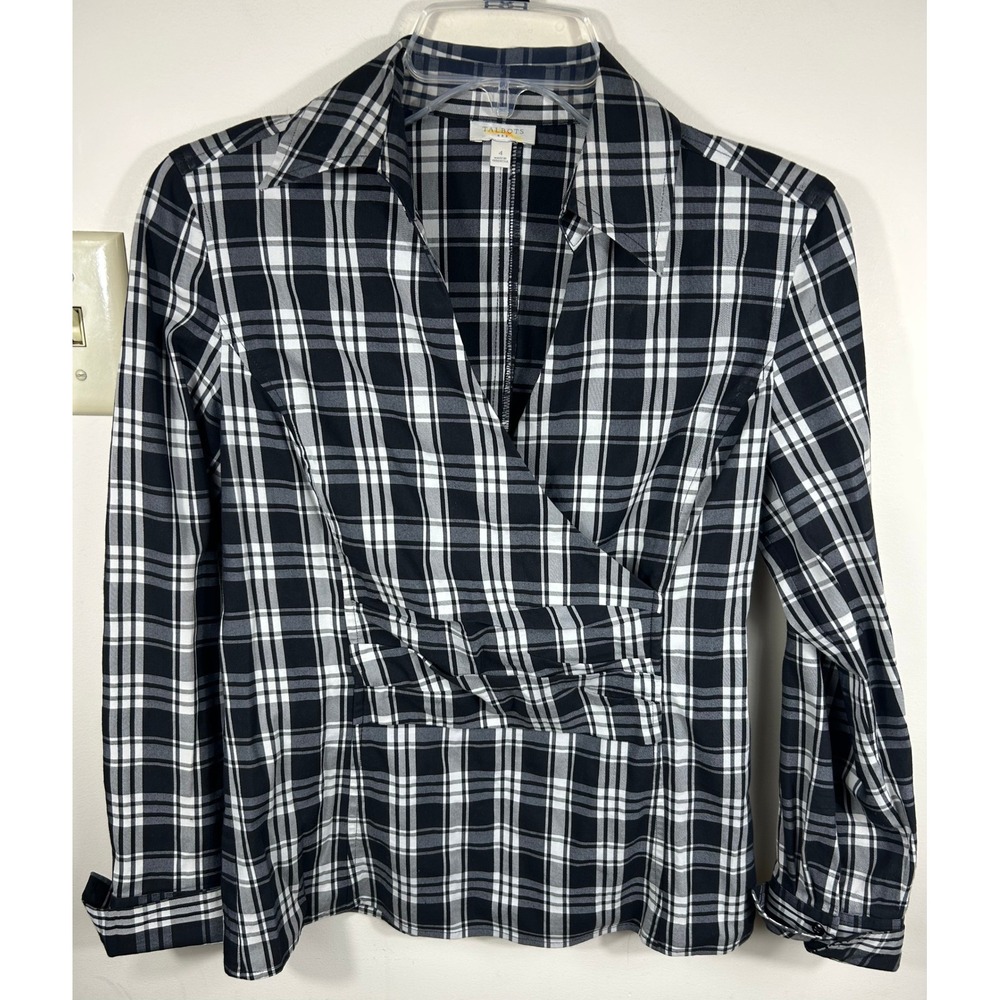 Talbots Academia Black White Plaid Wrap Front Top‎ Women's 4 Fitted Silhouette